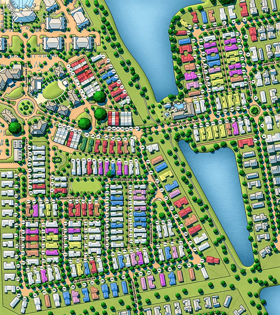 Illustrated master plan of The Village at Conway showing lakes, home sites, trails and a town square